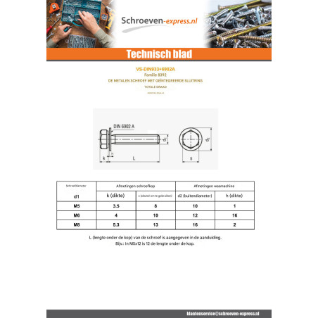 1 x Metalen schroeven zeskantkop TH volledige draad met RD IMP M8X40 RVS A2