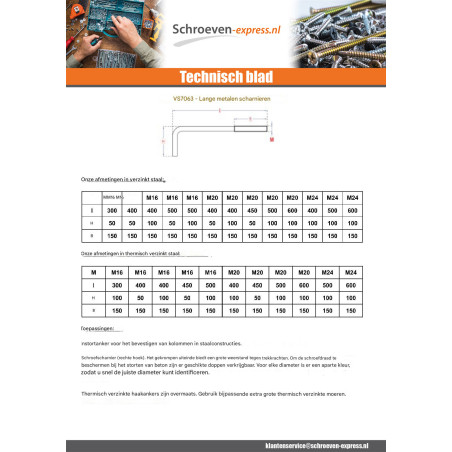 1 x Schroefduim metalen lange lengte M20X450 bedraad op 150 Wit verzinkt staal