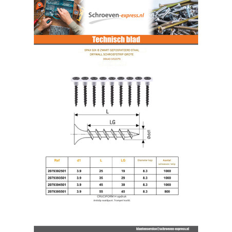 1 x Strook van 50 gipsplaatschroef voor pistool SPAX GIX-B 3.9X55 Fosfaatstaal