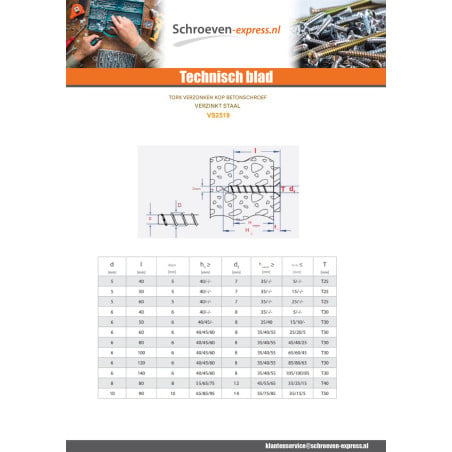 1 x Betonschroeven gefreesde kop TORX 8x80 Wit verzinkt staal