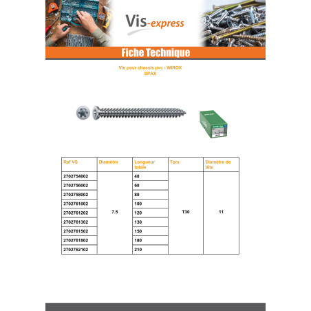 1 x SPAX Schroeven voor CHASSIS PVC 7,5X60 TORX T30 WIROX