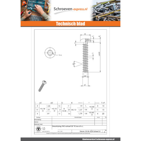 1 x PVC-schroeven cilindrische kop TORX T20 5X20 Wit verzinkt staal kraagflens zonder punt