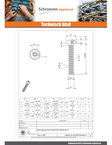 1 x PVC-schroeven bol cilinderkop Pozi PZ7 4X30...