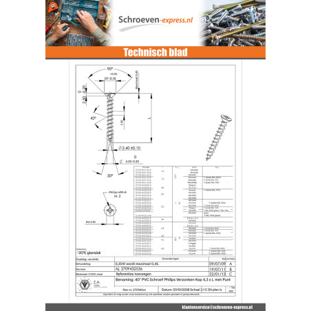 1 x PVC-schroeven gefreesde bolkop phillips 4.3X16 Wit verzinkt staal RAL1015 licht ivoor