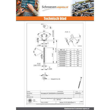 1 x Schroeven medium gefreesde kop kartel TORX T20 4X35 bedraad op 24 Wit verzinkt staal