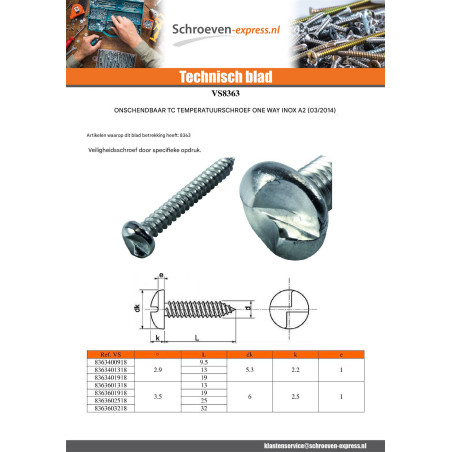 1 x Metaalplaatschroef Onbreekbaar cilindrische kop ONE WAY 2.9X19 RVS A2