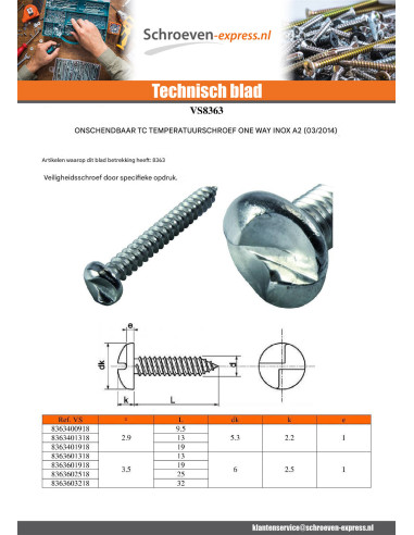 1 x Metaalplaatschroef Onbreekbaar cilindrische...