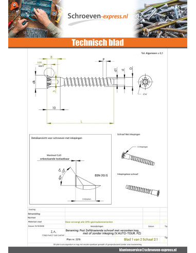 1 x Schroeven Zelftappende TF3 Pozi 7X40 SS...