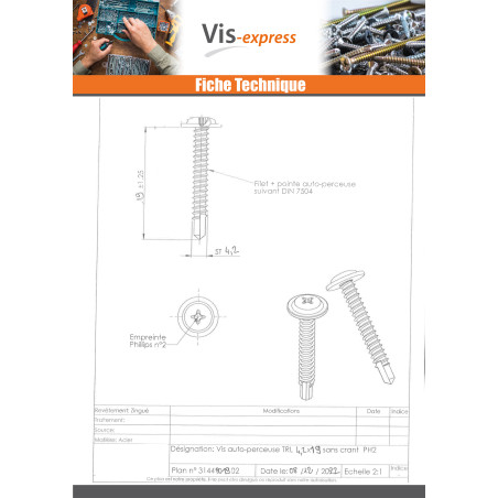 1 x Zelfborende schroef brede ronde kop phillips 4.2X19 Wit verzinkt staal
