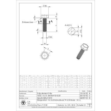 1 x Zelftappende schroef zeskantboutenTH kraagflens glad M10X30 Wit verzinkt staal
