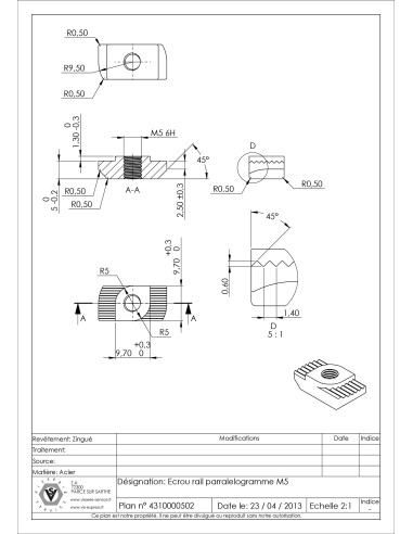 1 x Moer Rail PARALELOGRAM M5 Wit verzinkt staal