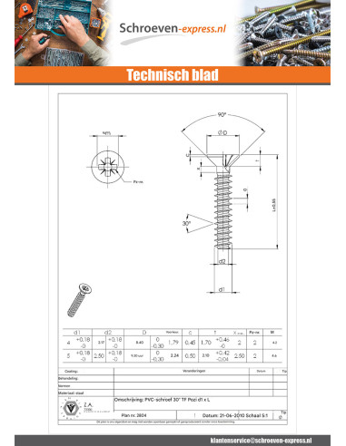 1 x PVC-schroeven gefreesde kop Pozi PZ7 5X14...