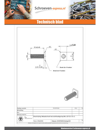 1 x Metalen schroeven rechthoekige kop M6X20...