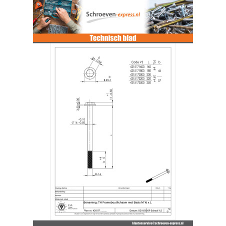 1 x Gedeeltelijke schroefdraad van het bout houtconstructie zeskantkop TH kraagflens M16X180 Bichromaat