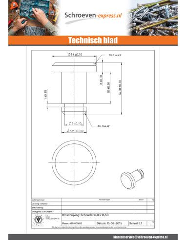 1 x As schouder 8X16.5 Wit verzinkt staal