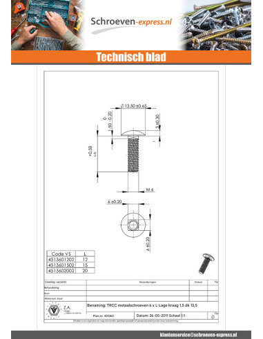 1 x Slotbouten M6X30 lage kraag 1.5 kopdiameter...