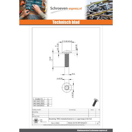 1 x Slotbouten M6X30 lage kraag 1.5 kopdiameter 13.5 Wit verzinkt staal