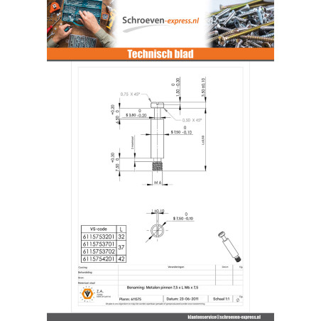 1 x Houten deuvels metalen Wit verzinkt staal 7.5X37 M6-7.5