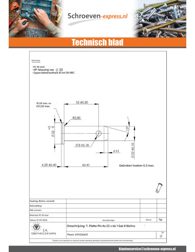 1 x As Splitpen geboord platte kop 22X66GATEN...