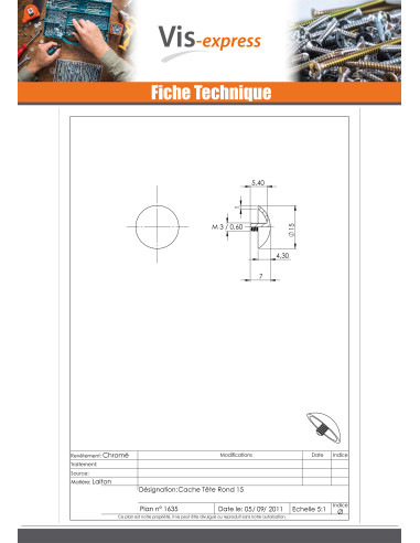 1 x Kopdop rond Messing chroom diameter 15...