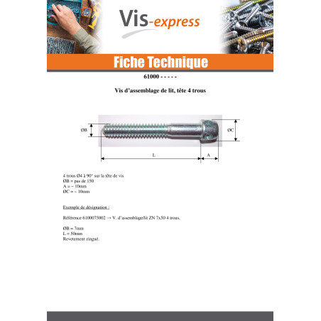 1 x Schroeven voor bedmontage Wit verzinkt staal M7X50 kop 4TRO
