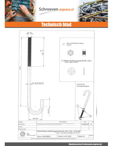 1 x Ankerdraad M18X357 bedraad op 150 +2 Moer...