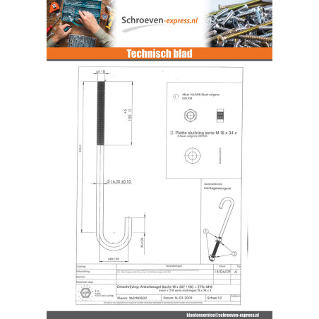 1 x Ankerdraad M18X357 bedraad op 150 +2 Moer +2 Sluitring Wit verzinkt staal