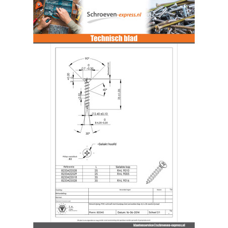1 x PVC-schroeven RVS A2 gefreesde bolkop phillips 4.2X25 witte lak RAL9010 zuiver wit