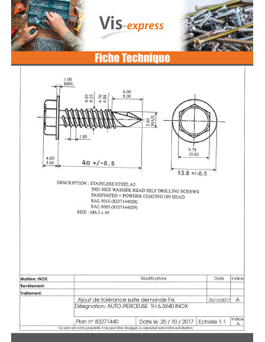 1 x Zelfborende schroef zeskantkop TH 6.3X40...