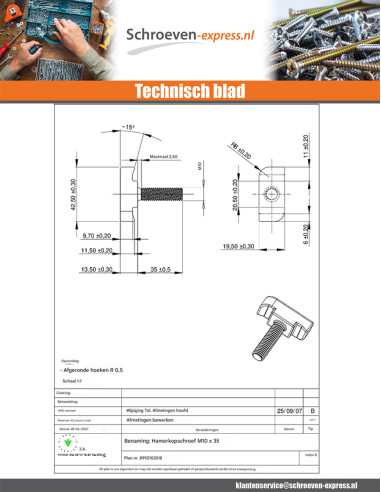 1 x Metalen schroeven hamerkop M10X35 RVS