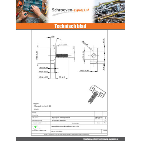 1 x Metalen schroeven hamerkop M10X35 RVS