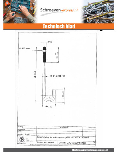 1 x Ankerdraad M20X420 + 1 Moer Ruw staal