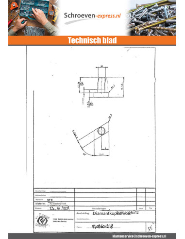 1 x Metalen schroeven kop ruit M6X12 RVS A2