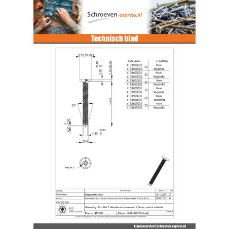 1 x Metalen schroeven plat Pozi M6X50 uiteinde afgekapt Wit verzinkt staal