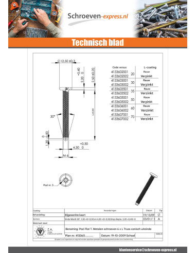 1 x Metalen schroeven plat Pozi M6X70 uiteinde...