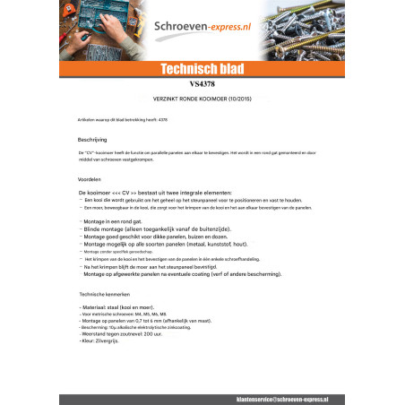 1 x Moer Kooi rond M5 Metaalplaat dikte 0,7 to 4 CV4825HG Wit verzinkt staal