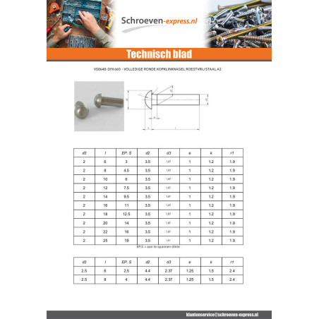 1 x Massieve klinknagel ronde kop RVS A2 4X6