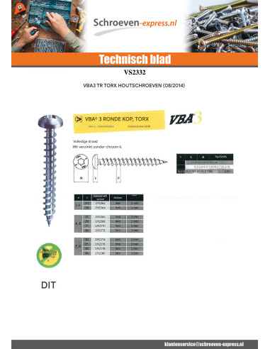 1 x Agglo houtschroeven VBA3 ronde kop TORX...