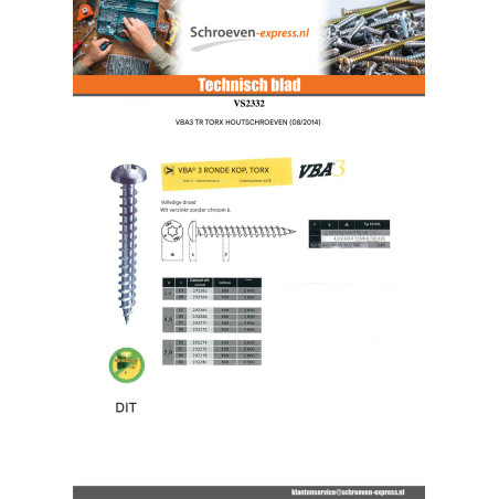 1 x Agglo houtschroeven VBA3 ronde kop TORX 5X40 TORX T20 Wit verzinkt staal