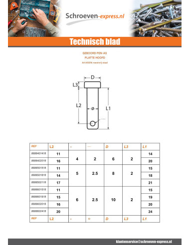 1 x Splitpen platte kop 6X36 geboord 2.5 A4 RVS