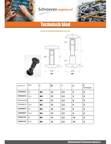 1 x Schroef binder M4X50 diameter Buis 5 wit...