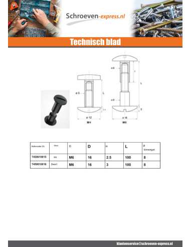 1 x Schroef binder M6X65 diameter Buis 8 zwart...