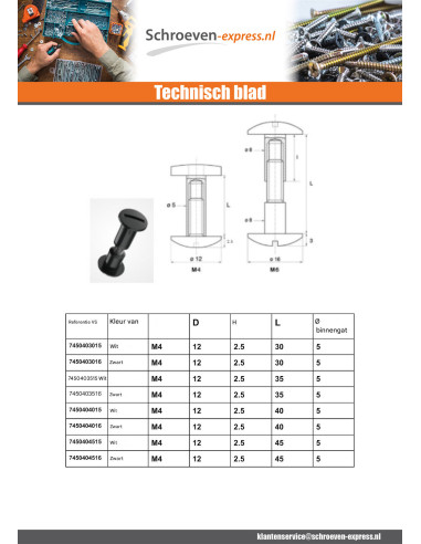 1 x Schroef binder M4X35 diameter Buis 5 zwart...
