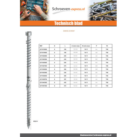 1 x Schroeven cilindrische kop dubbele draad TORX T40 8X255 Wit verzinkt staal