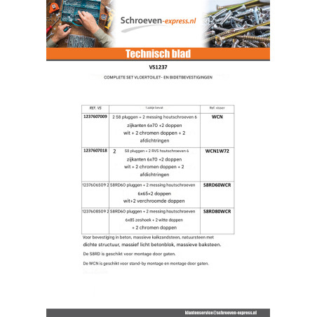 1 x KIT Bevestiging WC Schroeven RVS 6X70 Fischer