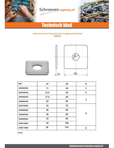 1 x Vierkante sluitring voor houtconstructie...