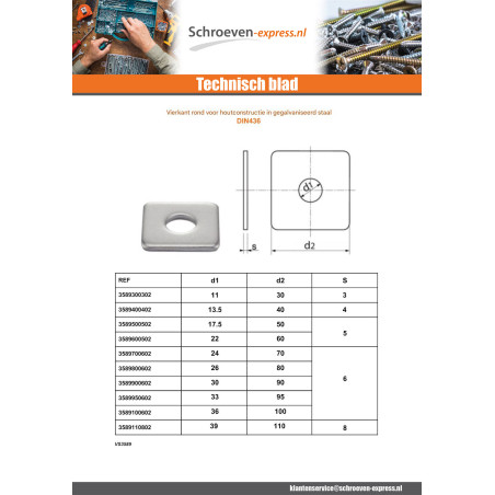 1 x Vierkante sluitring voor houtconstructie 30x90x6 Wit verzinkt staal