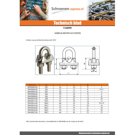 1 x Kabelklem A4 RVS voor Kabel van diameter 20
