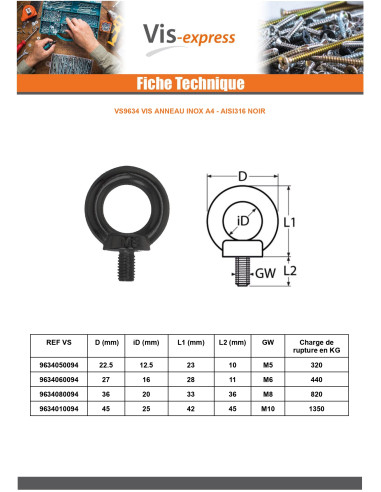 1 x Schroeven Ringmoer M10X45 A4 RVS Zwart