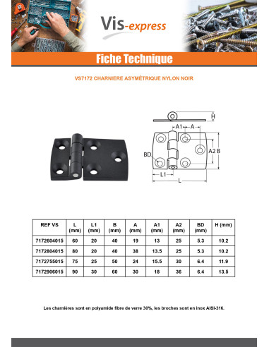 1 x Scharnier asymmetrisch 90x60 zwart nylon